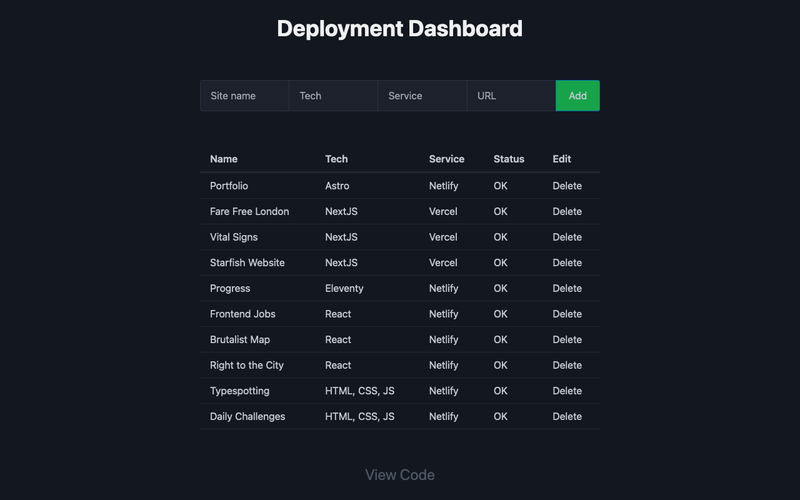 desktop view of Deployment Dashboard