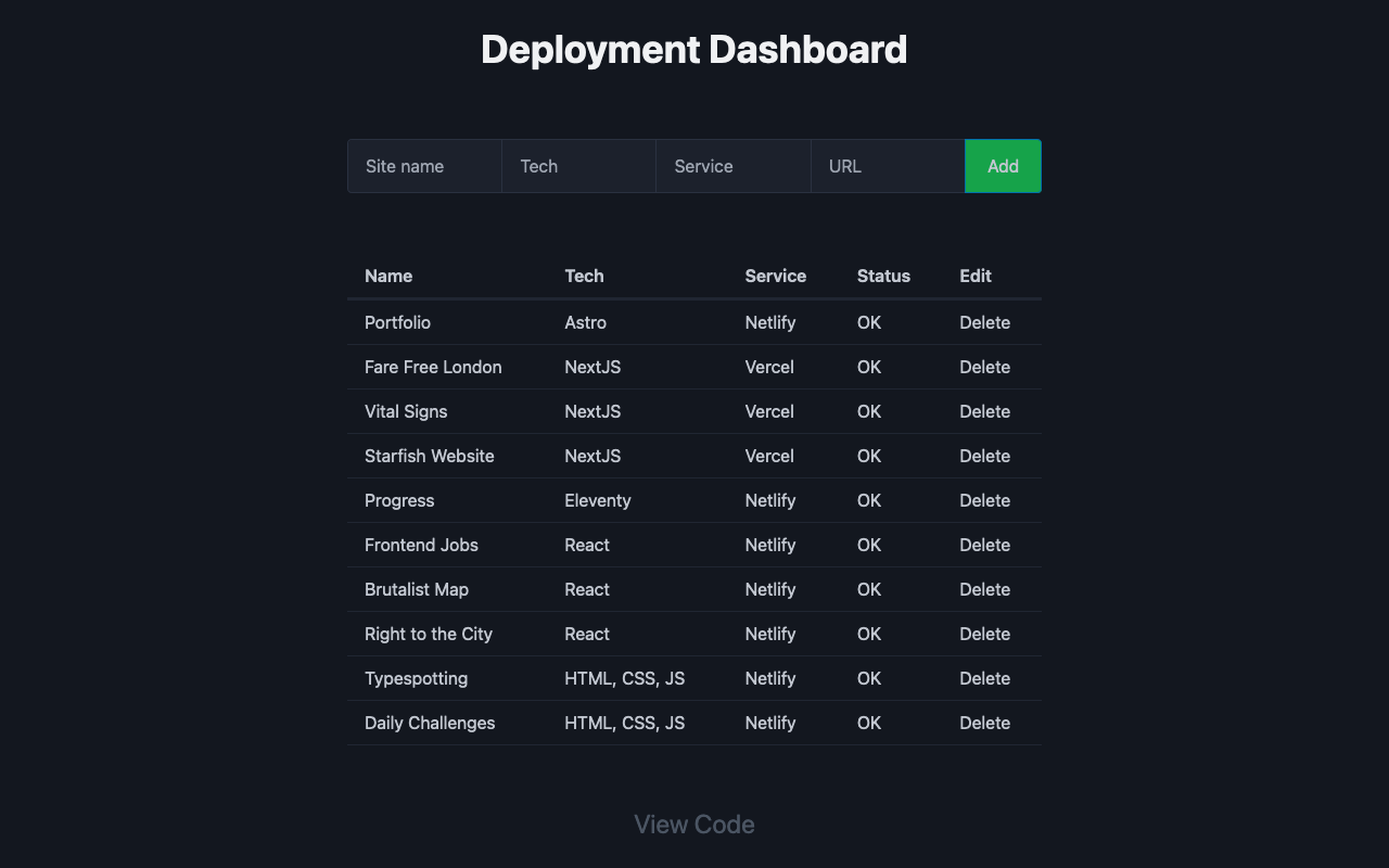 desktop view of Deployment Dashboard